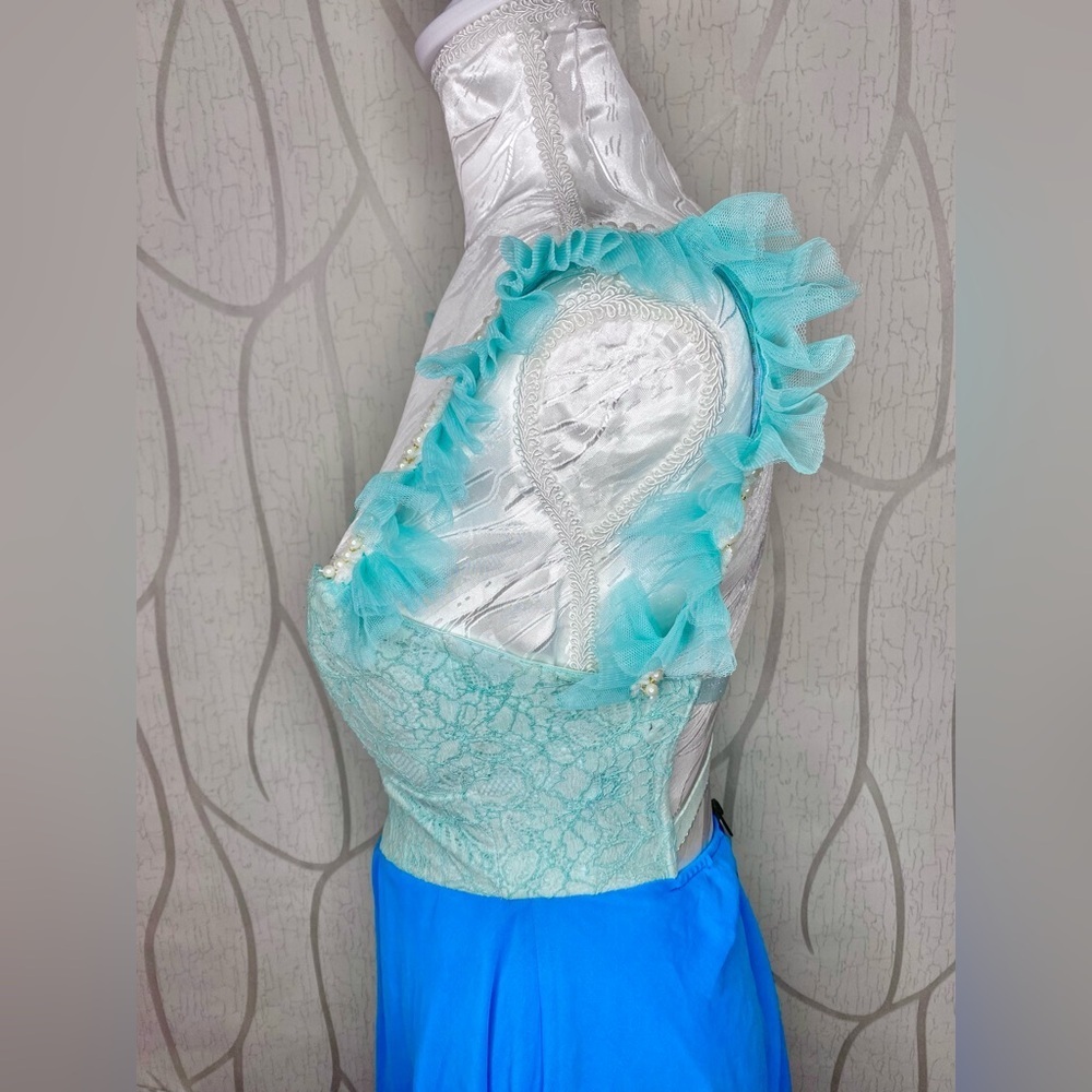 🎀🍒 Blue Green Lace Colourblock Contrast A Line Dress 🍒🎀 Pearl Ruffle Trim Straps - Picture 8 of 13
